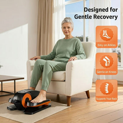 Senior woman in armchair using motorized elliptical for rehab and gentle exercise, with callouts showing benefits for ankle relaxation, spine protection, and knee protection