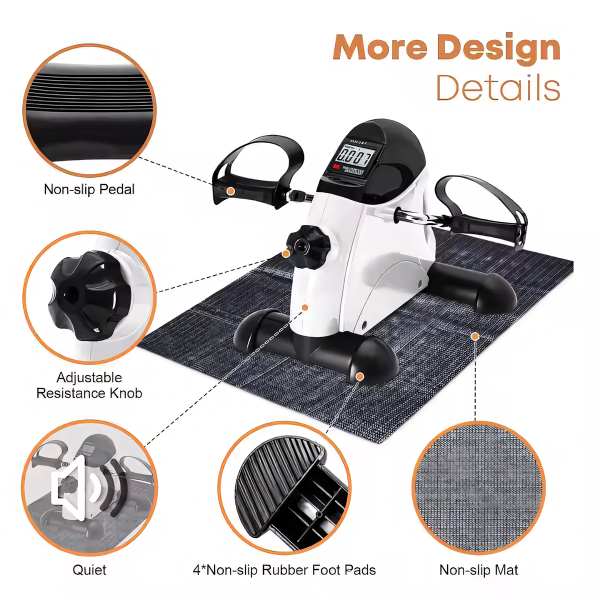 Mini pedal exerciser with non-slip pedals, quiet design, rubber feet, resistance knob, and anti-slip mat