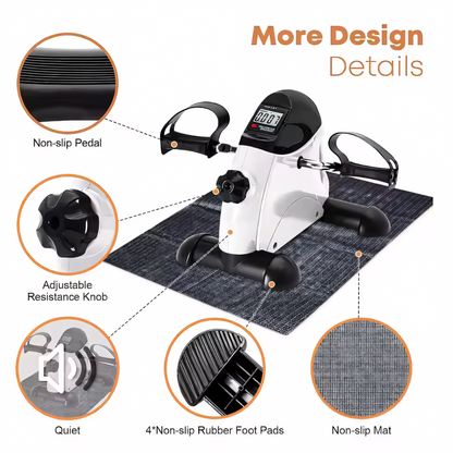 Mini pedal exerciser with non-slip pedals, quiet design, rubber feet, resistance knob, and anti-slip mat