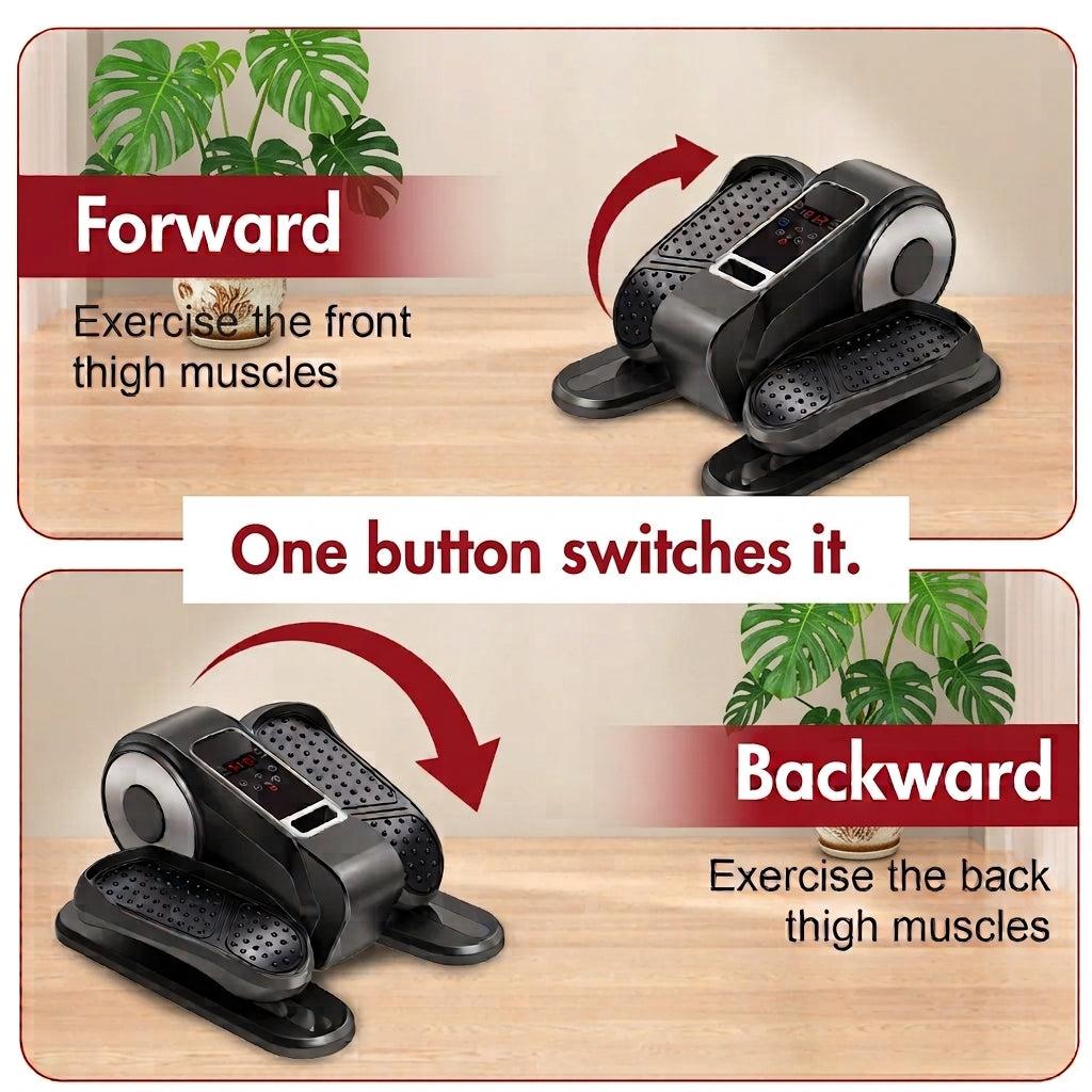 Electric under desk elliptical showing forward and backward pedaling motion to exercise front and back thigh muscles for senior leg strength.