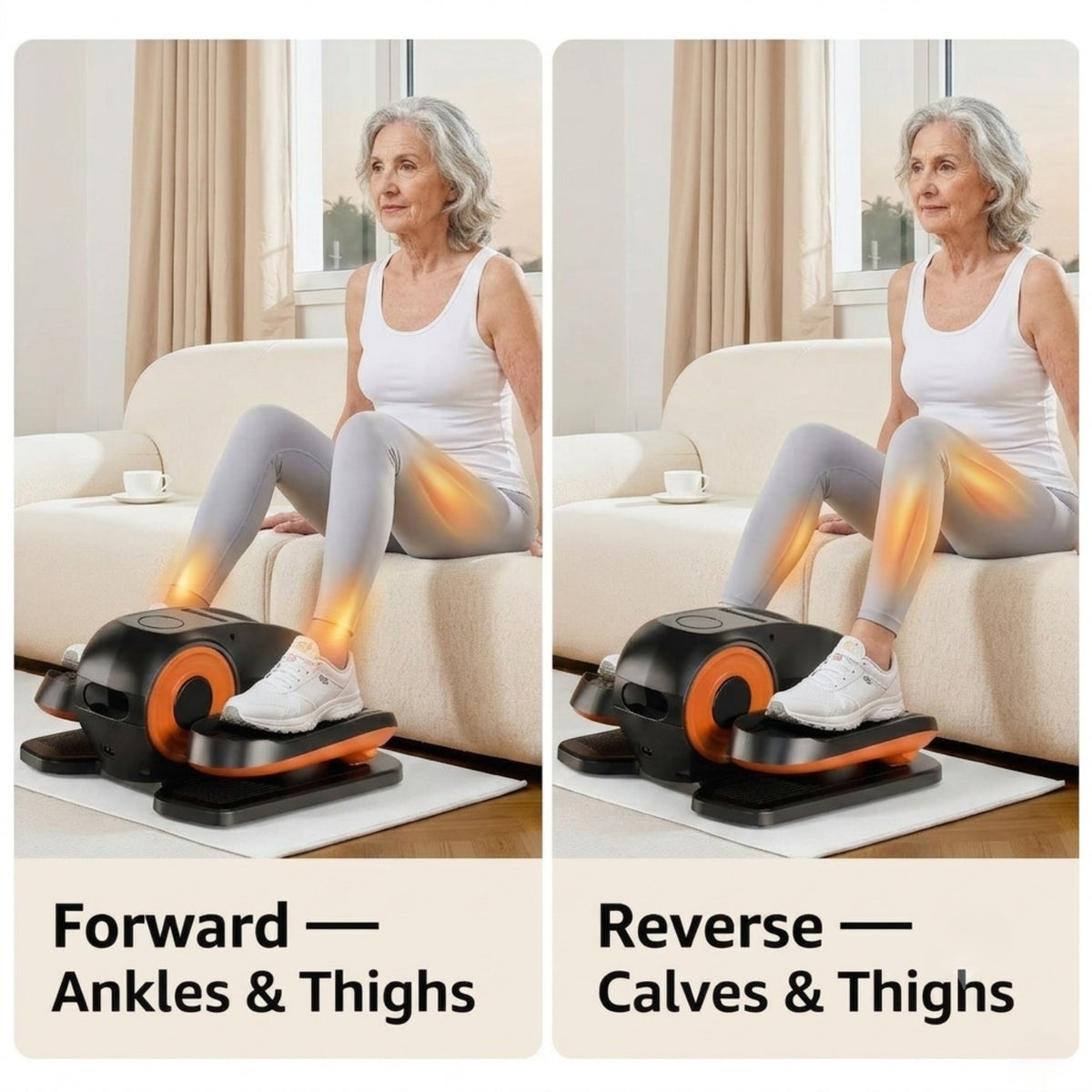 Split image showing a senior woman demonstrating forward pedaling targeting ankles and thighs, and reverse pedaling targeting calves and thighs on an under-desk elliptical machine.