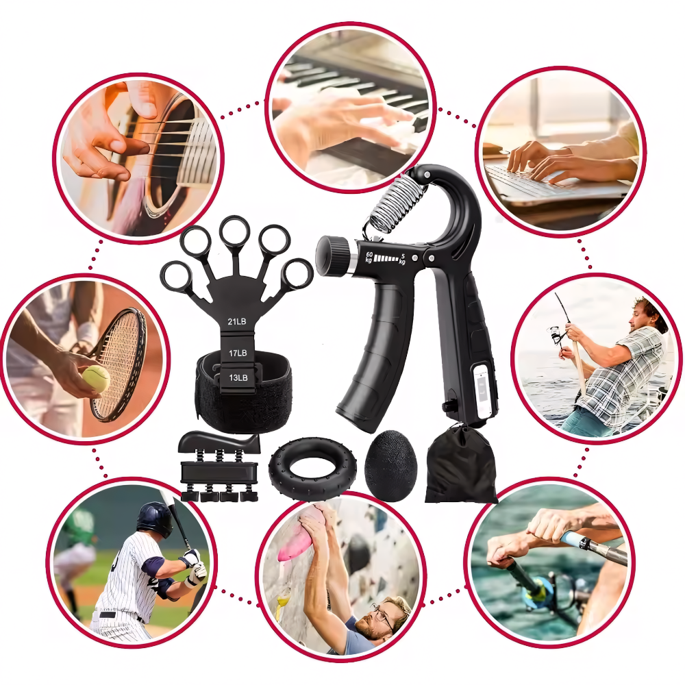 Hand exerciser with various activities depicted around it on a white background
