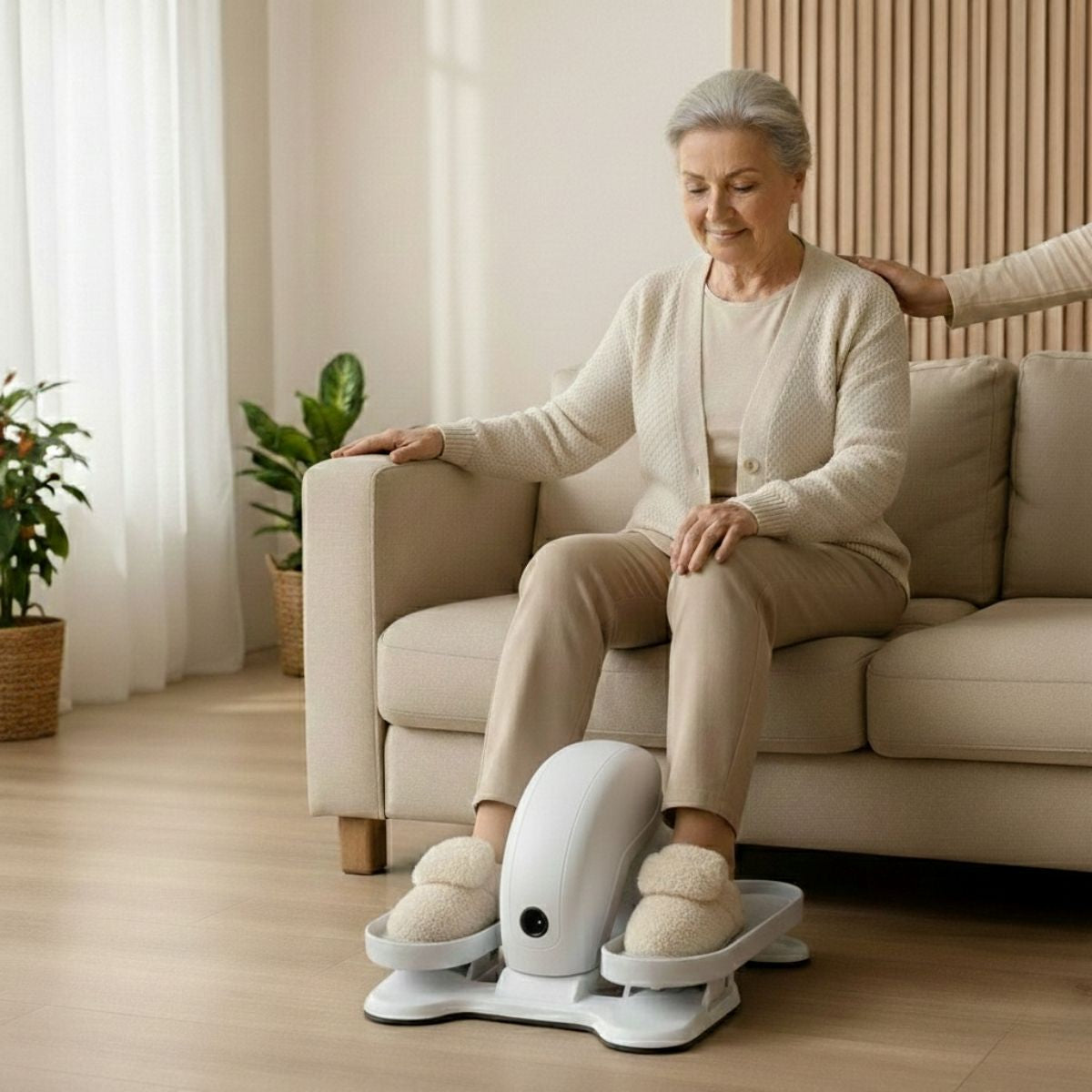 Woman using a mini elliptical in a living room setting