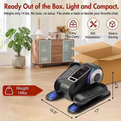 Lightweight 14 lbs compact electric under desk elliptical with no assembly required and easy storage for seniors.