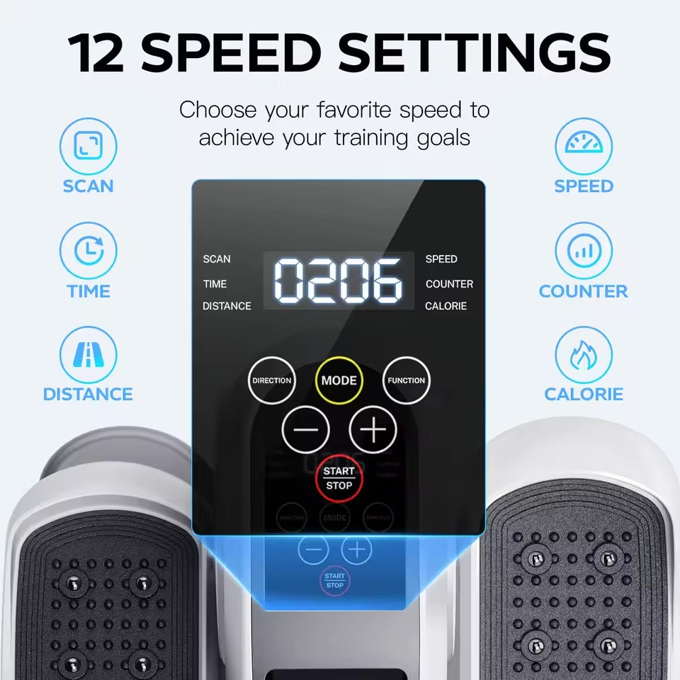 Control panel with digital display and buttons for a treadmill, highlighting '12 Speed Settings'.