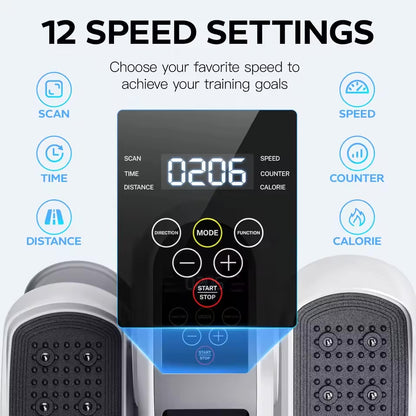 Control panel with digital display and buttons for a treadmill, highlighting '12 Speed Settings'.