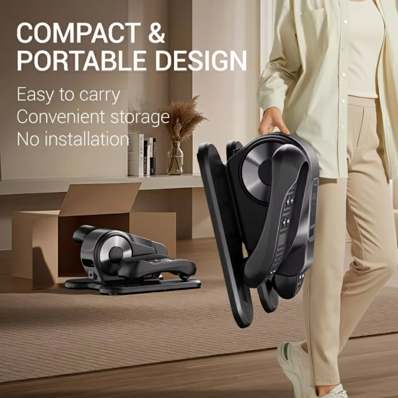 Person carrying a compact and portable device with text highlighting its features.