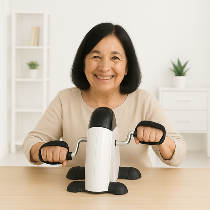Woman using a white and black exercise device in a bright room with shelves and plants.