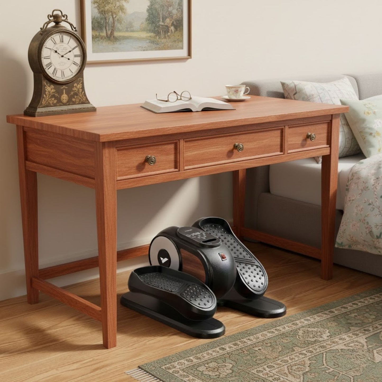 Mini elliptical exerciser for seniors, used under a desk or table