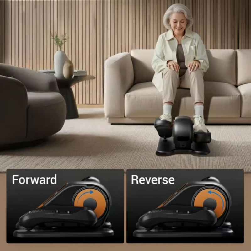 Woman using a home exercise device in a living room with 'Forward' and 'Reverse' labels.