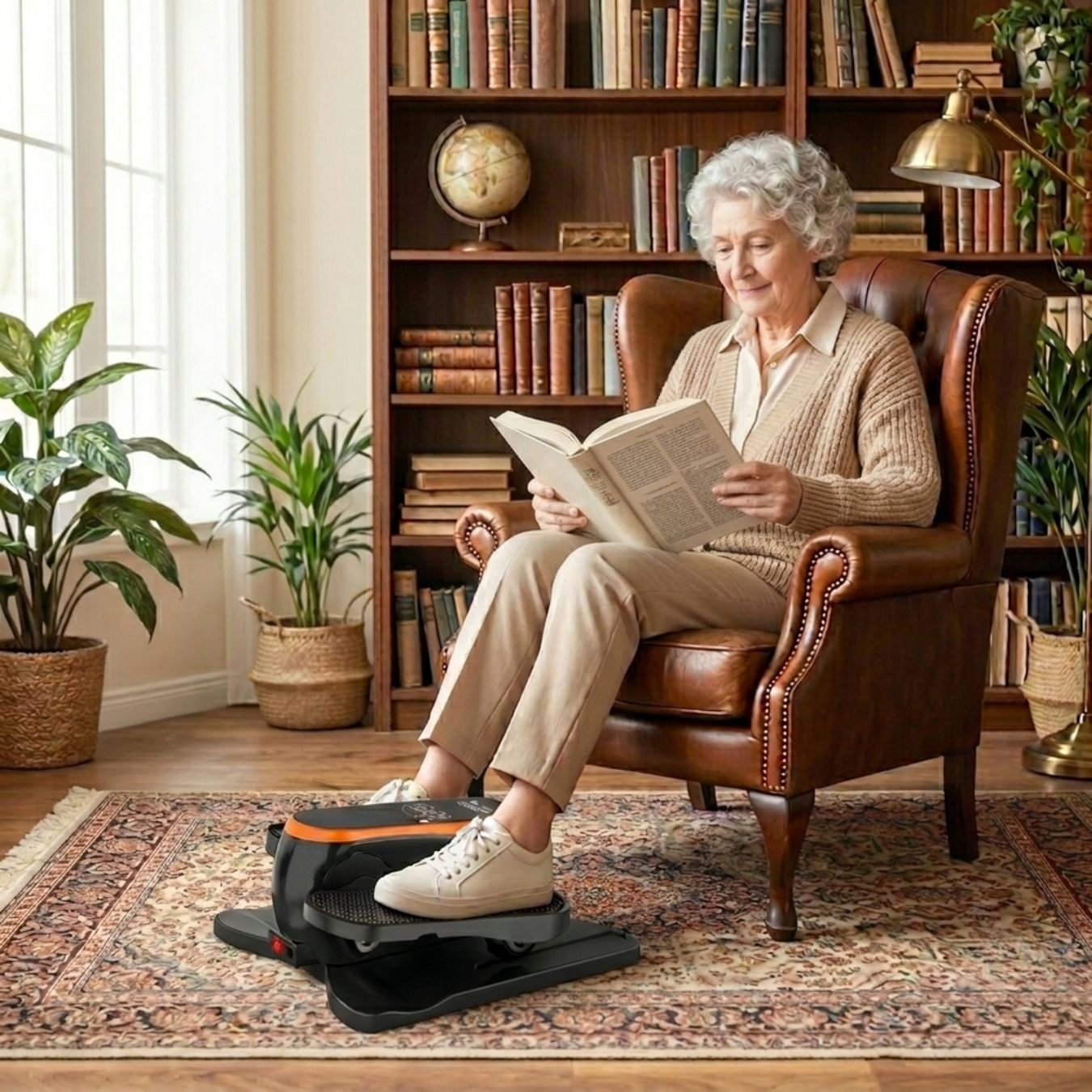 Senior woman using mini elliptical machine while reading a book in a cozy home library armchair

