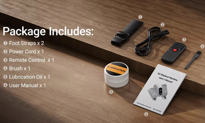 pedal exerciser box contents showing power cord, remote, and foot straps