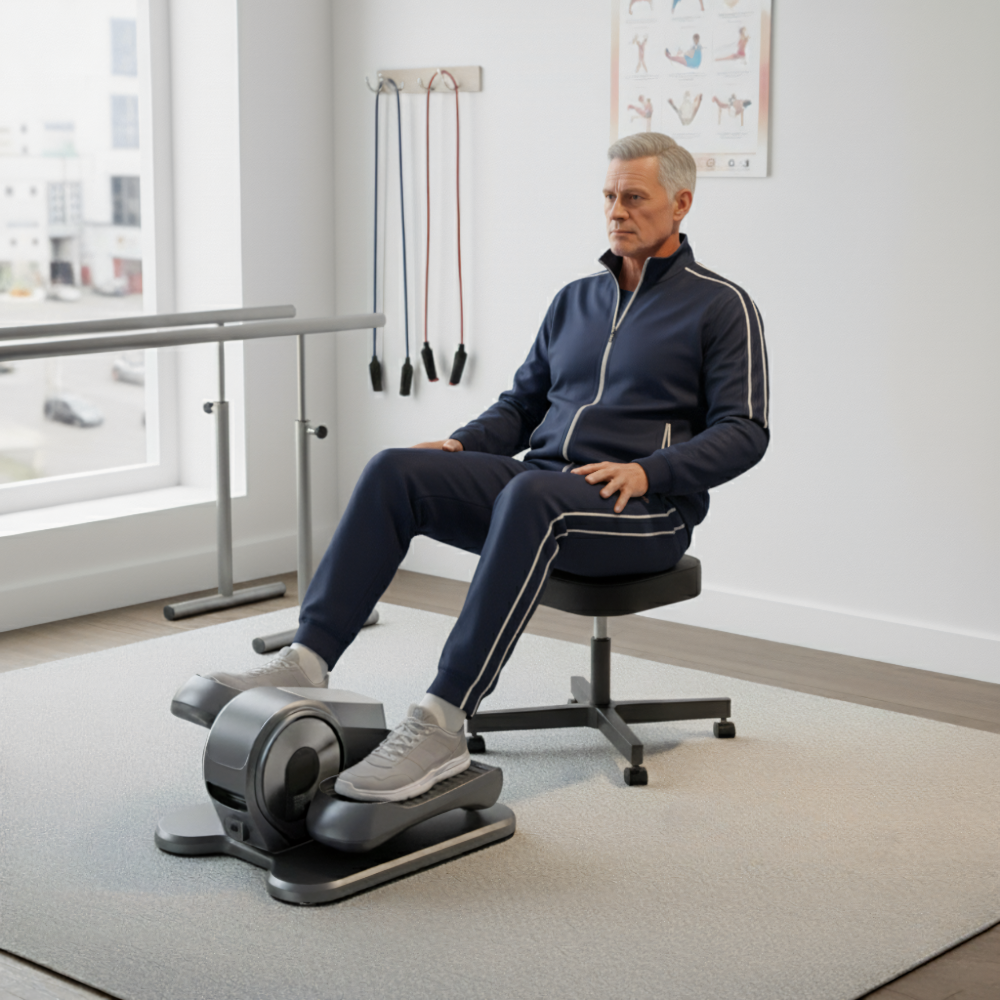 Man using a stair stepper machine in a home setting
