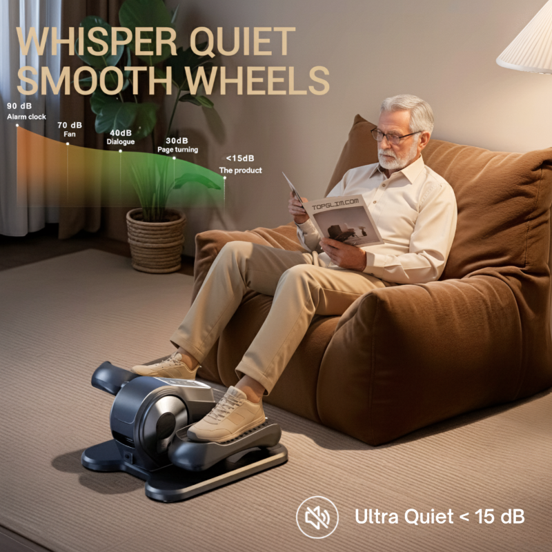 Man reading a magazine on a brown sofa with an elliptical machine next to him, emphasizing ultra-quiet operation.