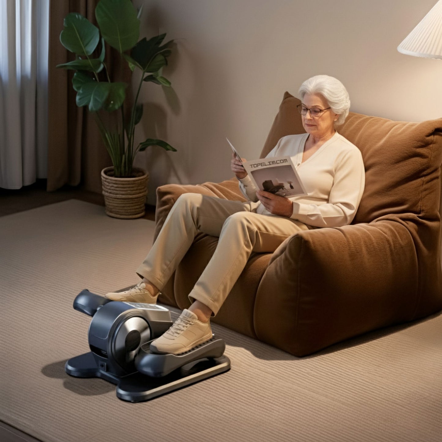 Woman using a mini elliptical black reading a magazine on a brown couch.