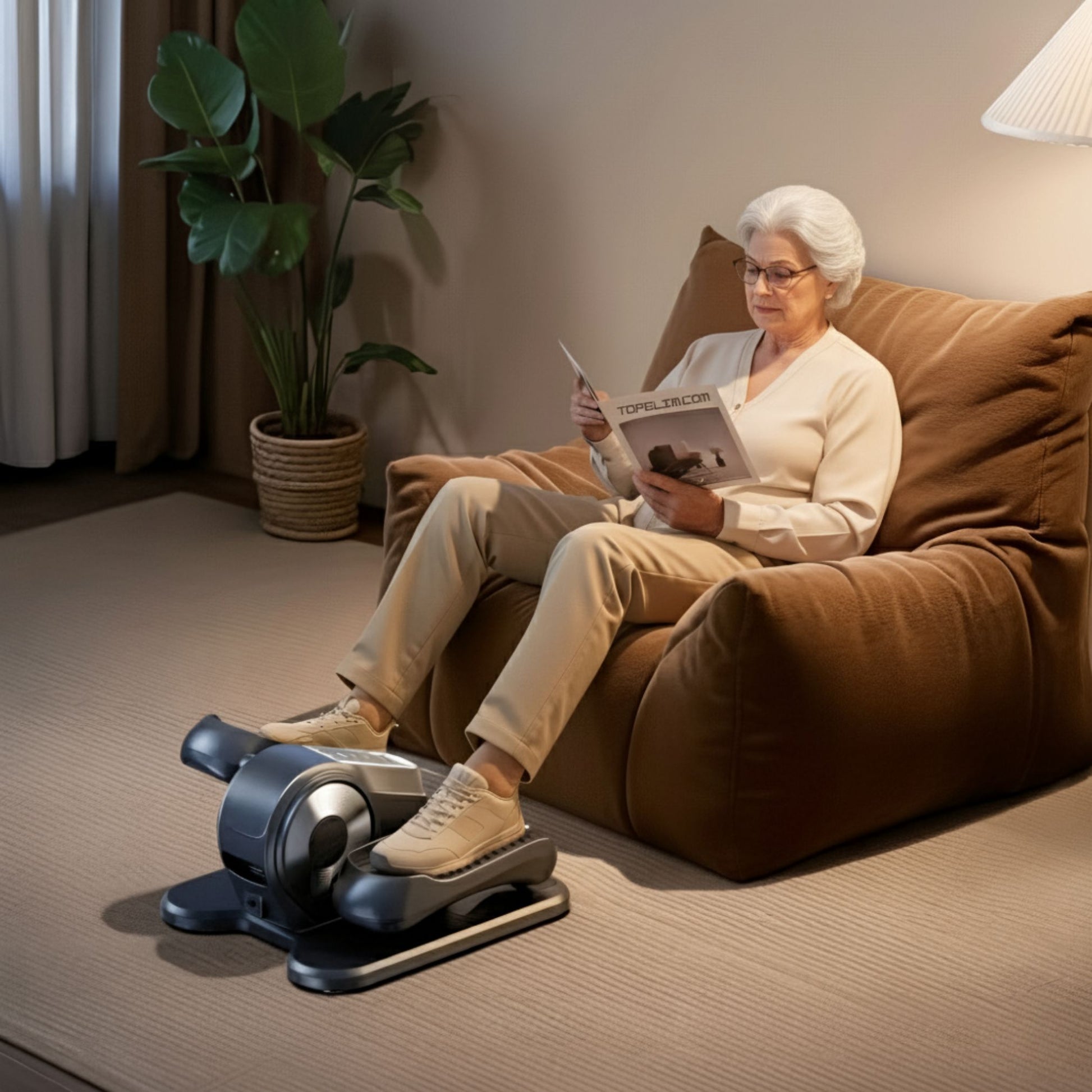 Woman using a mini elliptical black reading a magazine on a brown couch.