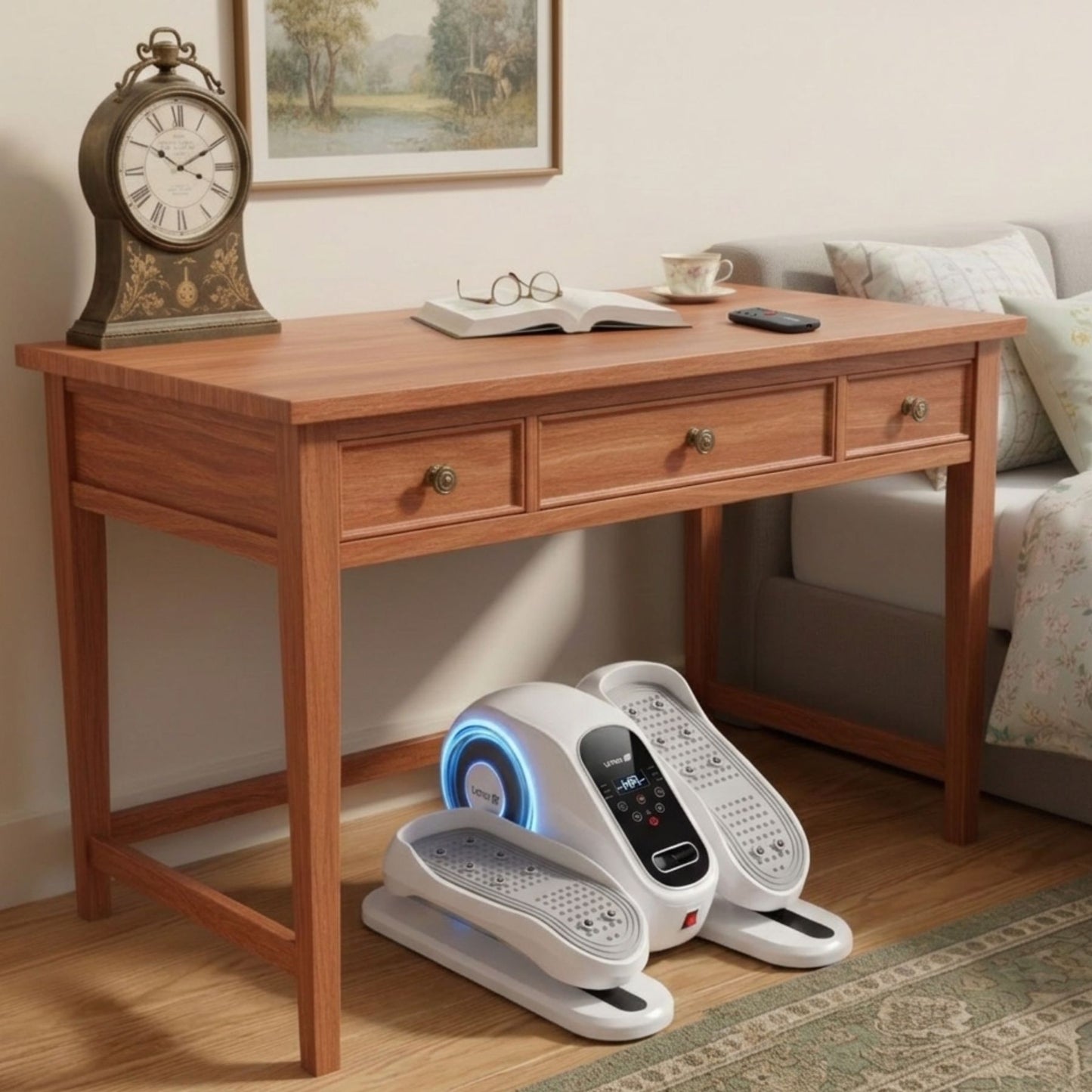 Wooden desk with electronic foot massager in a home setting