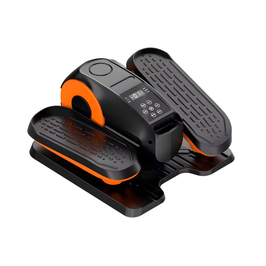 Black and orange motorized under-desk elliptical machine with remote control and digital display for home office fitness.
