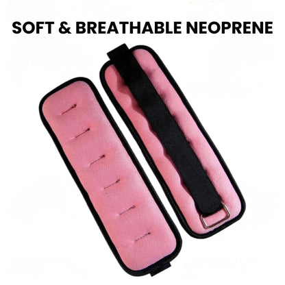 Close-up of soft breathable neoprene ankle and wrist weights showing padded interior and adjustable strap for comfortable home fitness