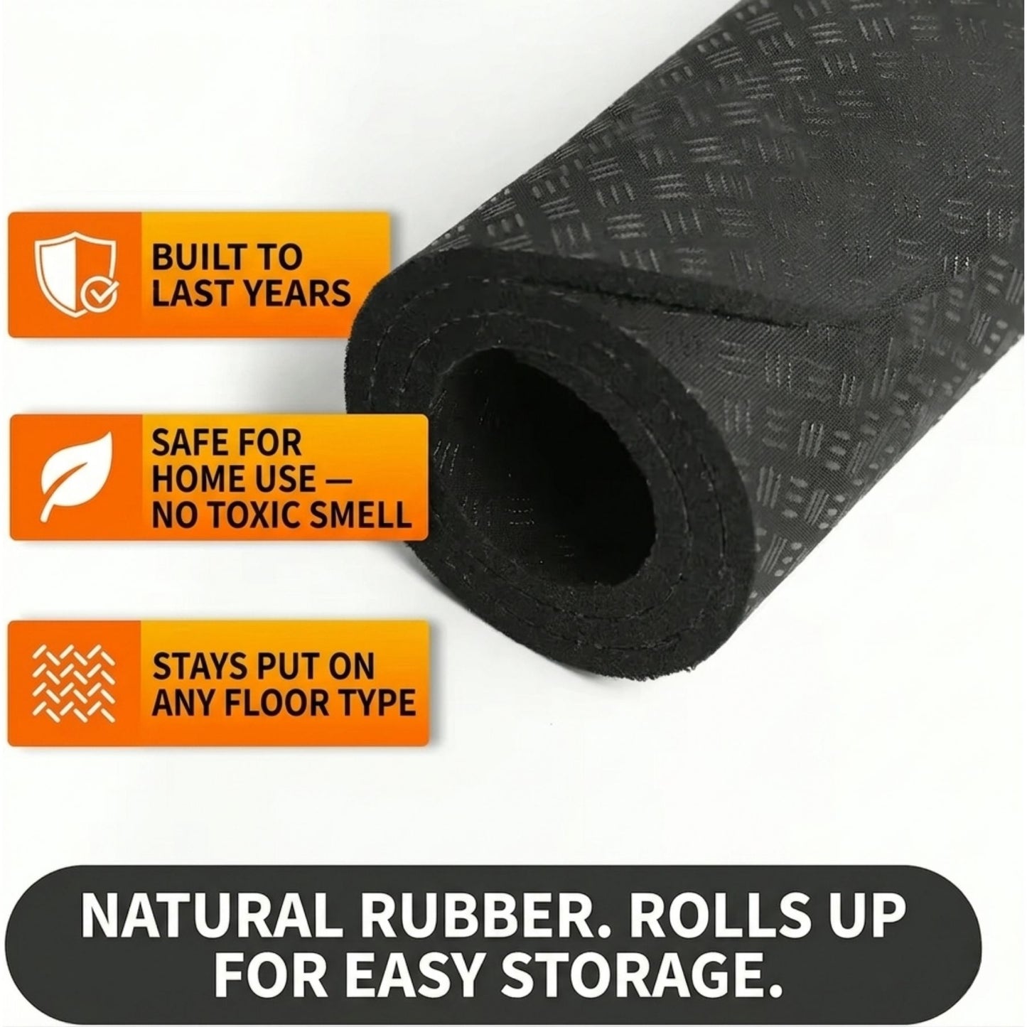 Non-slip rubber mat benefits — durable, non-toxic, grips any floor, rolls up for storage