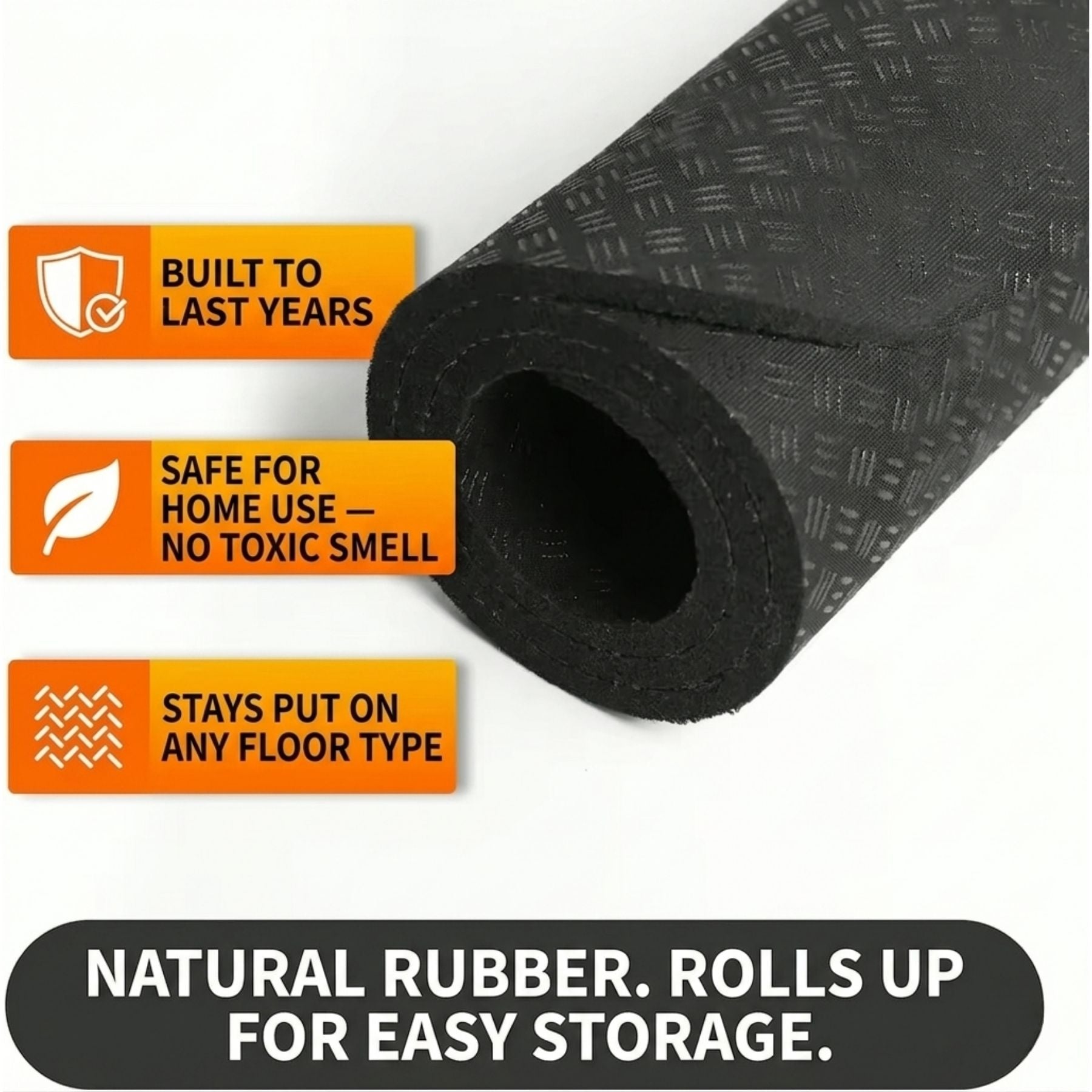 Non-slip rubber mat benefits — durable, non-toxic, grips any floor, rolls up for storage