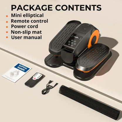 Package contents layout for an under-desk elliptical machine showing mini elliptical, remote control, power cord, non-slip mat, and user manual.