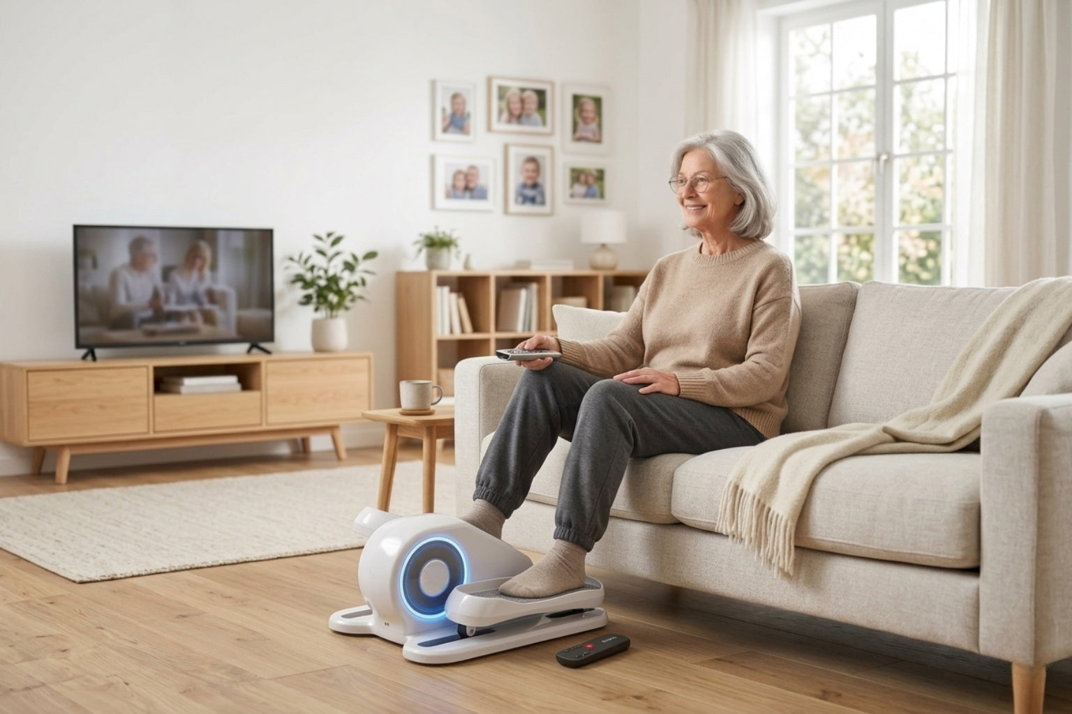 Happy elderly lady watching TV while staying active with a passive electric elliptical trainer in her living room.