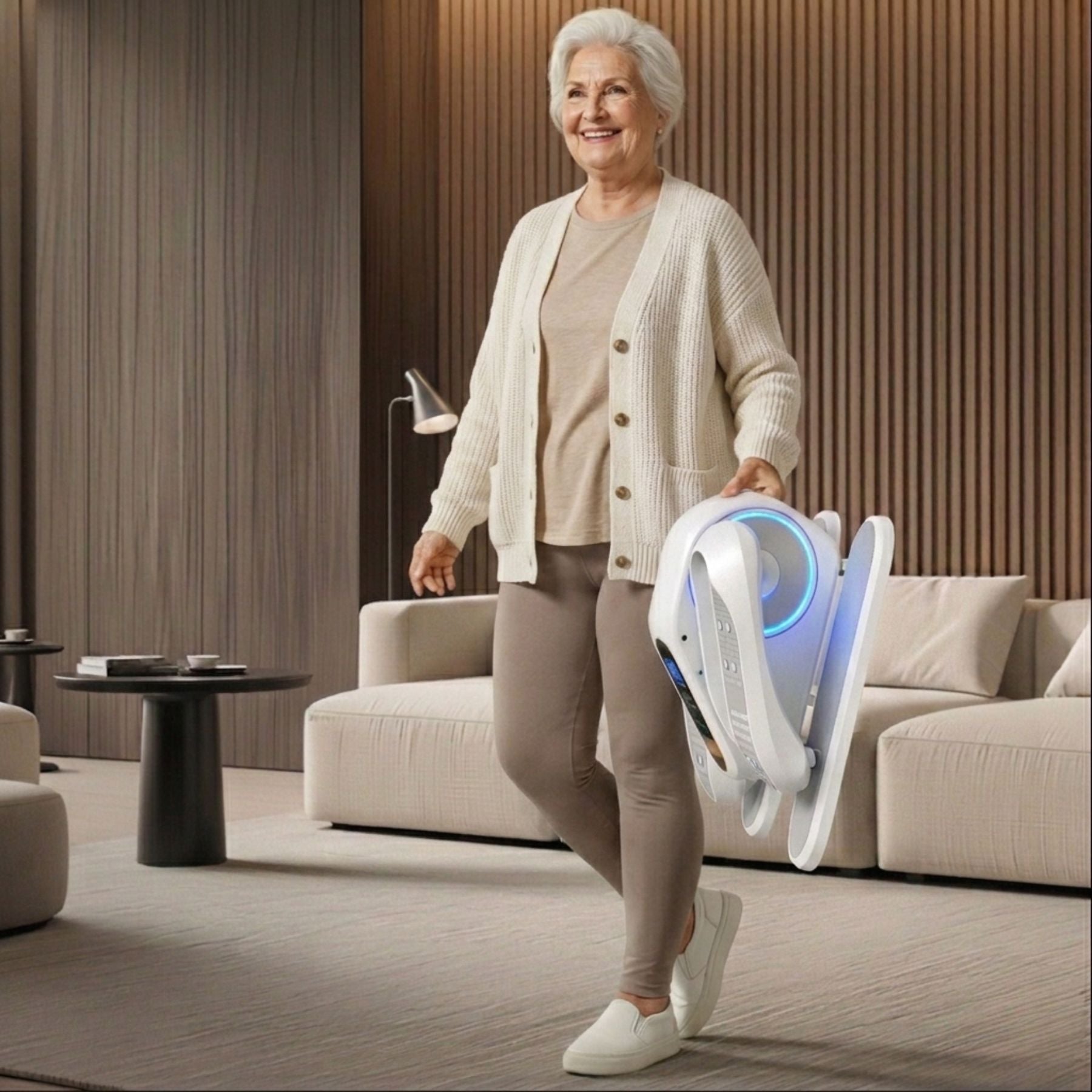 Senior woman with short white hair, wearing cozy cardigan and leggings, comfortably carrying portable, folded, under-desk mini elliptical machine for seated home use, in a modern living room setting.