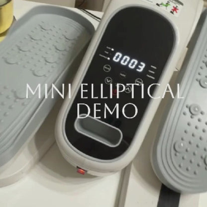 Product demonstration of a compact mini elliptical trainer showing easy controls and digital display.