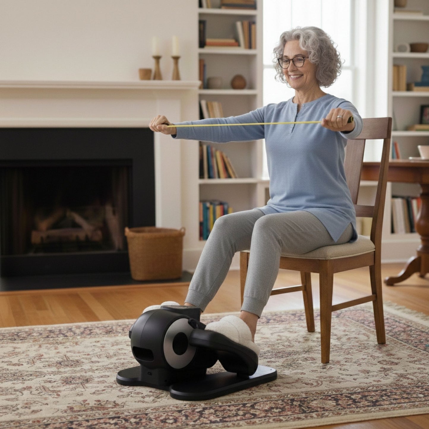 Woman exercising with a resistance band in a home setting