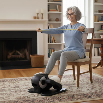 Woman exercising with a resistance band in a home setting