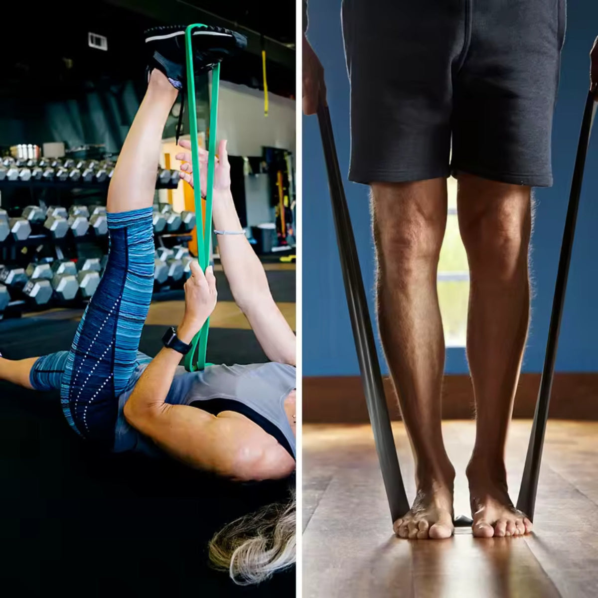 Person using a green resistance band in a gym setting and another person standing on a wooden floor with a black resistance band.