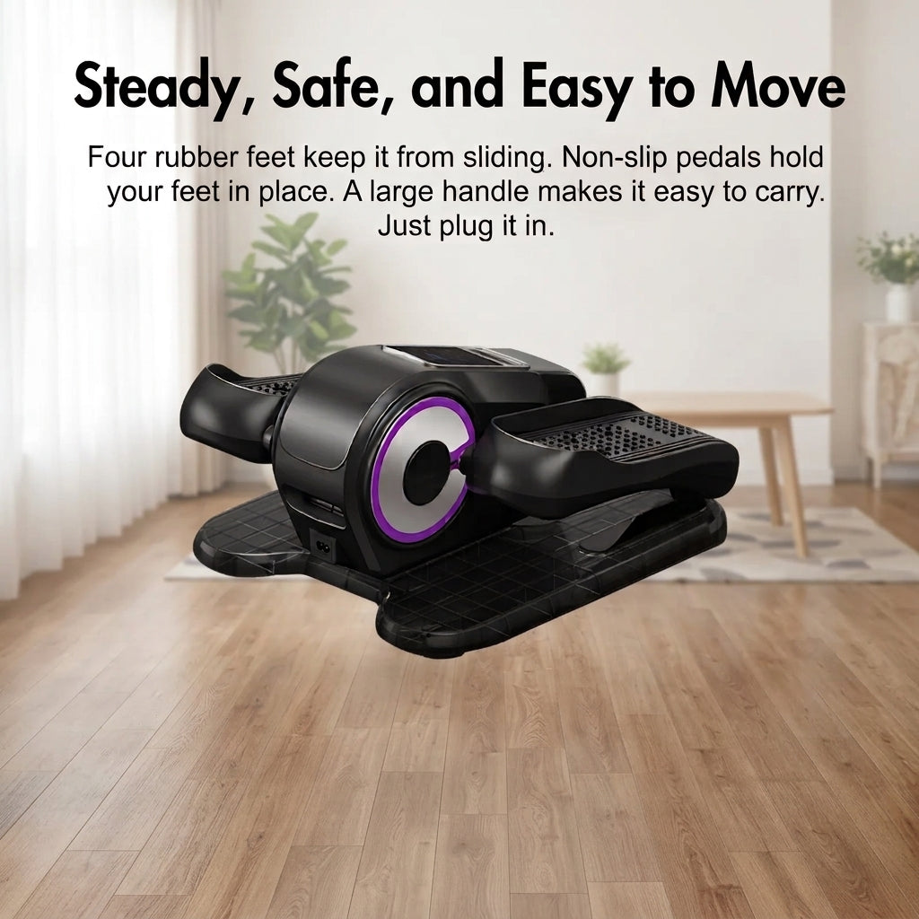 Stable electric under desk elliptical with non-slip rubber feet and built in carrying handle for safe senior leg exercise at home.