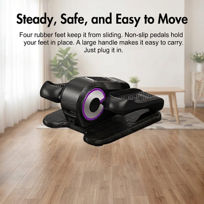 Stable electric under desk elliptical with non-slip rubber feet and built in carrying handle for safe senior leg exercise at home.