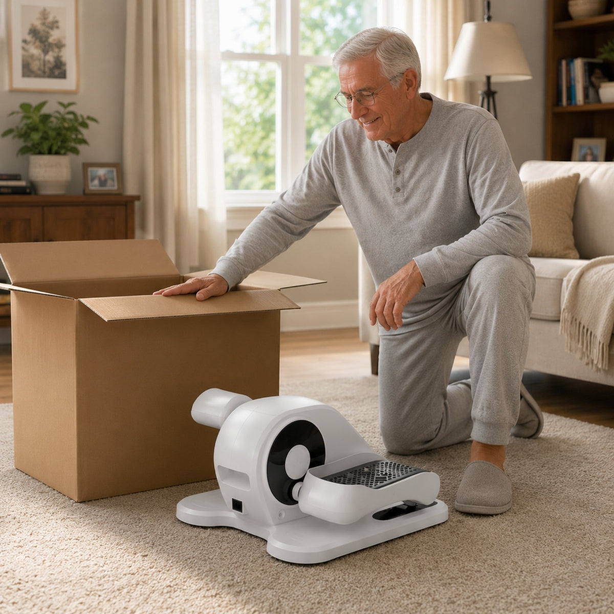 Senior man kneeling beside open box with fully assembled seated elliptical trainer, no assembly required
