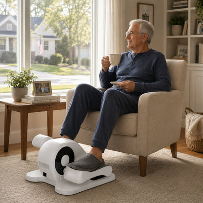 Senior man relaxing in armchair with coffee while using seated elliptical trainer at home