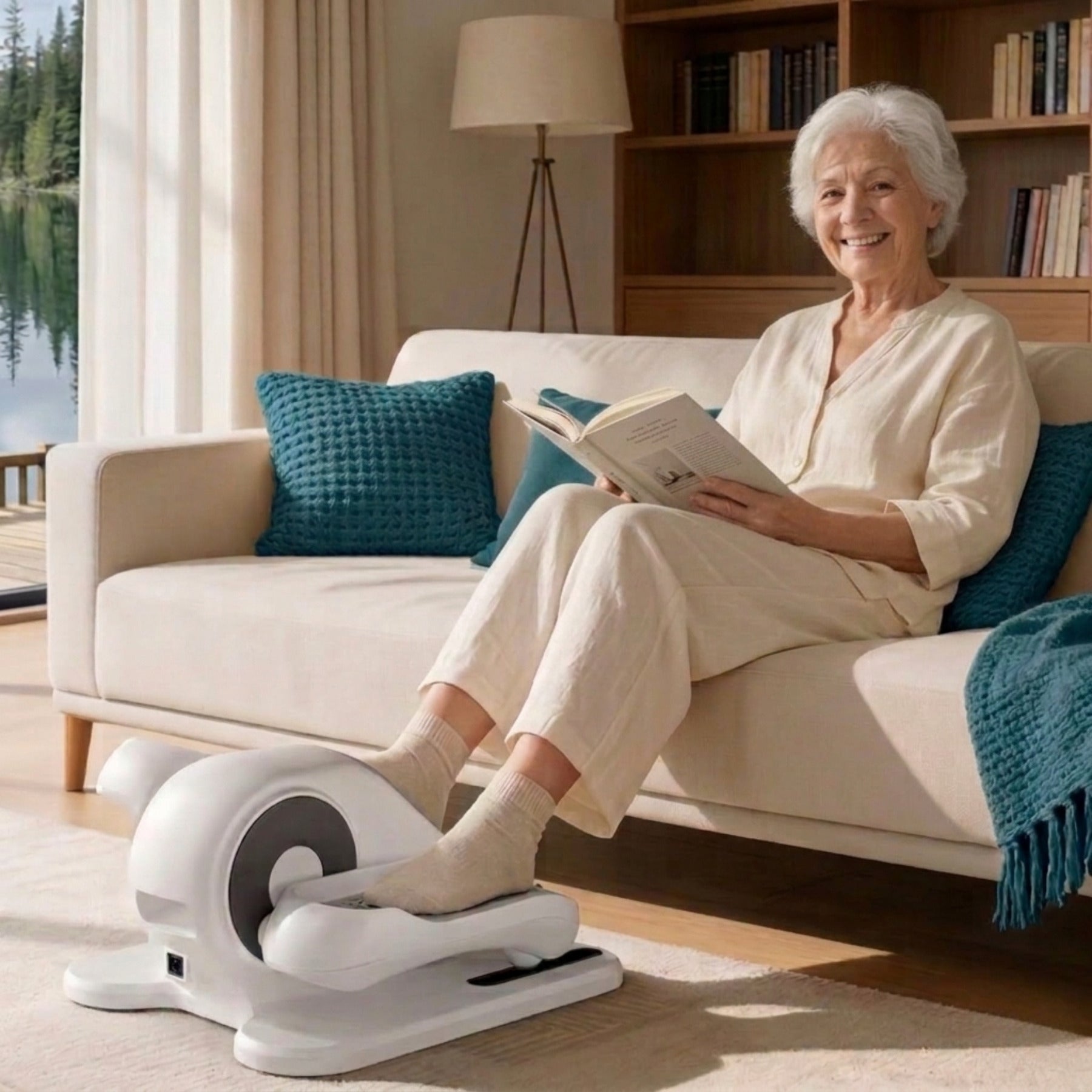 Compact mini exercise bike for leg recovery and seated home workout, featuring adjustable resistance pedals.