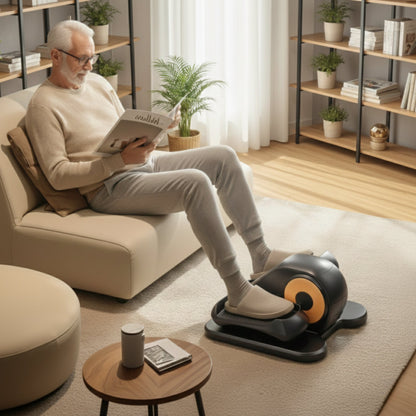 Man using a mini elliptical trainer in a cozy living room