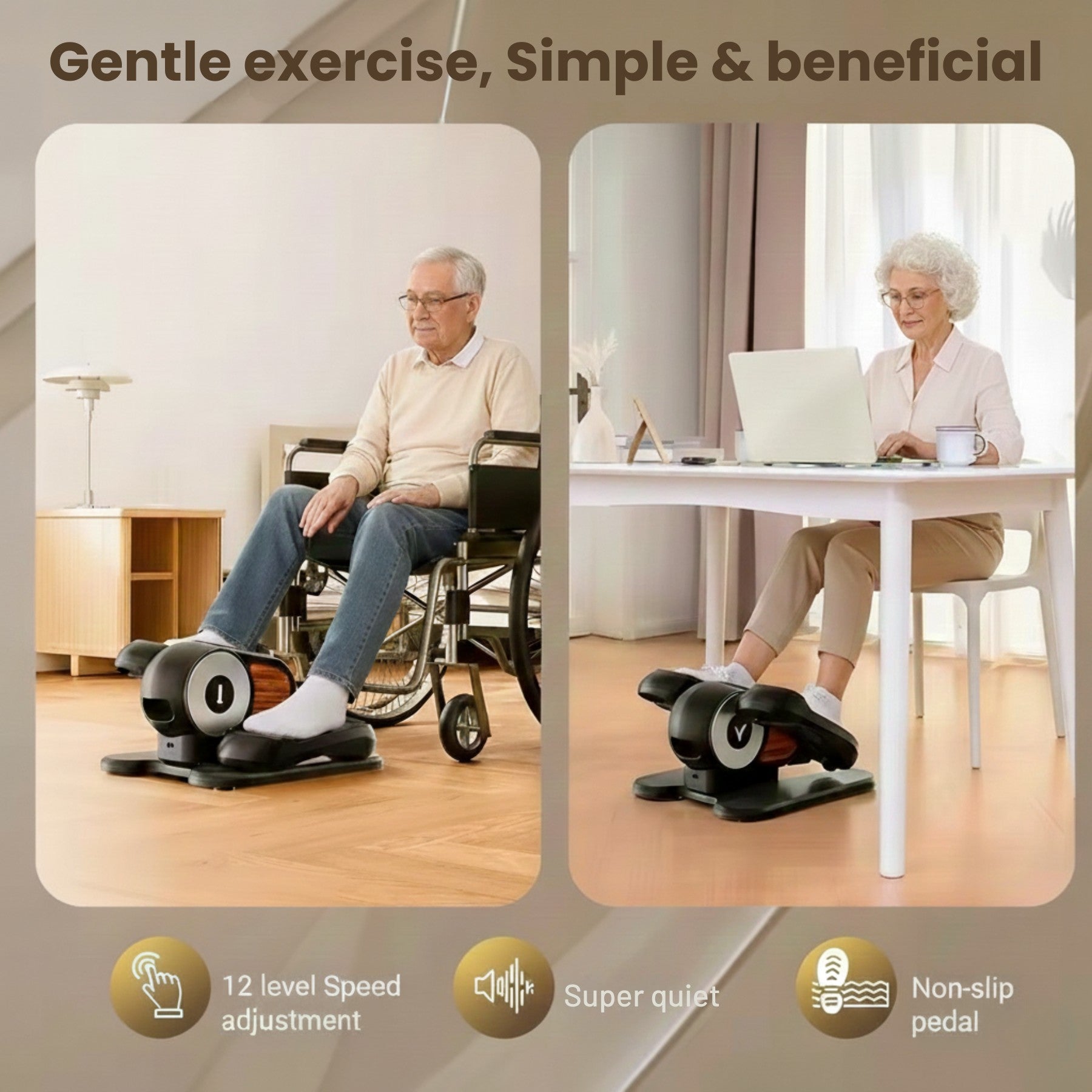 Gentle, quiet, and safe seated leg exercise for older adults using a mini exercise machine at home.