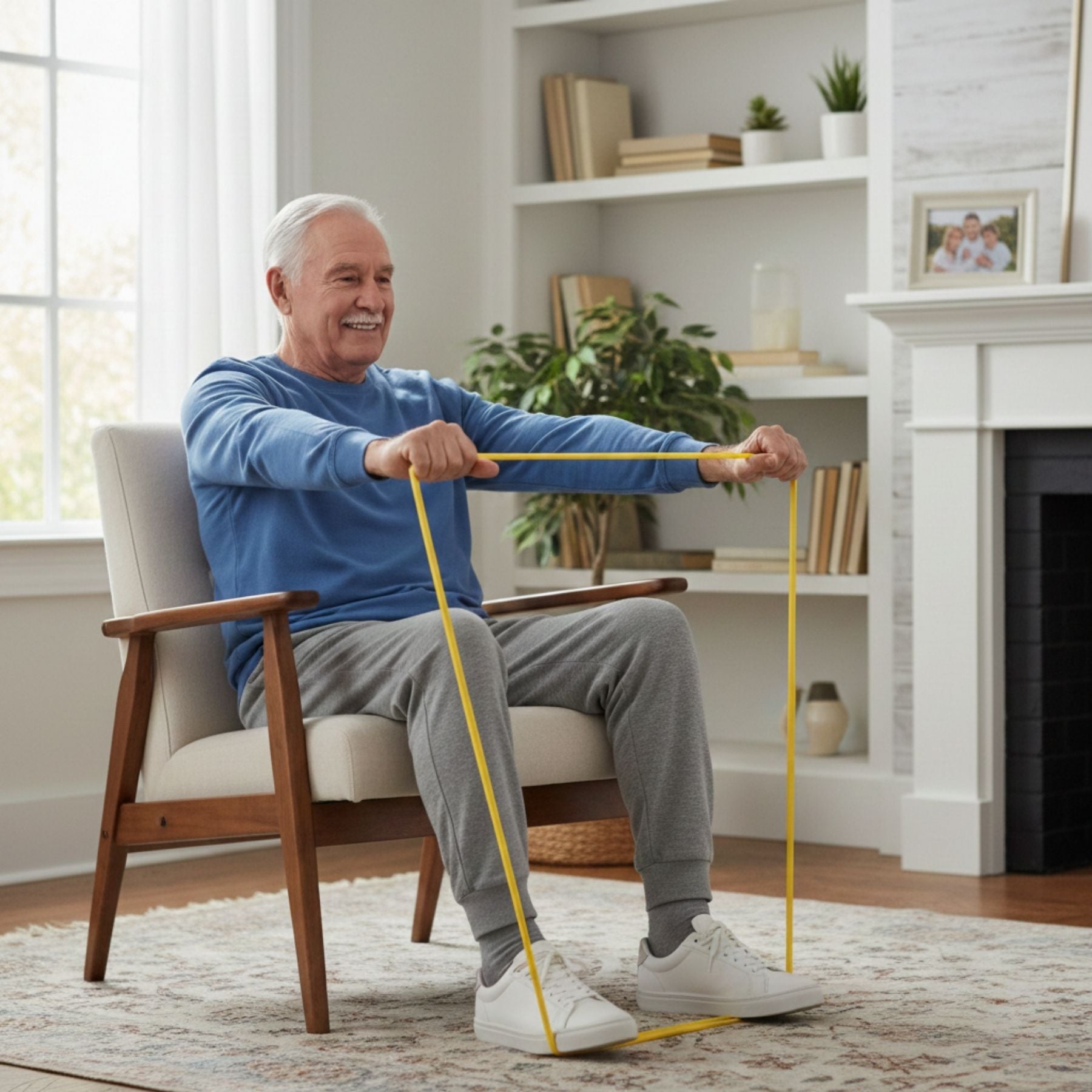 Man exercising with resistance bands in a home setting