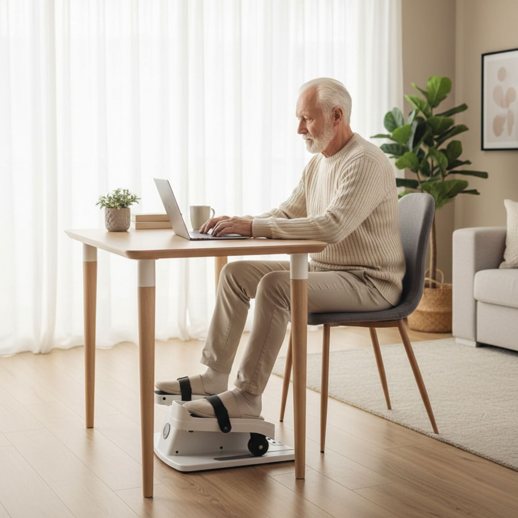 Senior man sitting at a desk and using a seated foot exerciser while working on a laptop at home