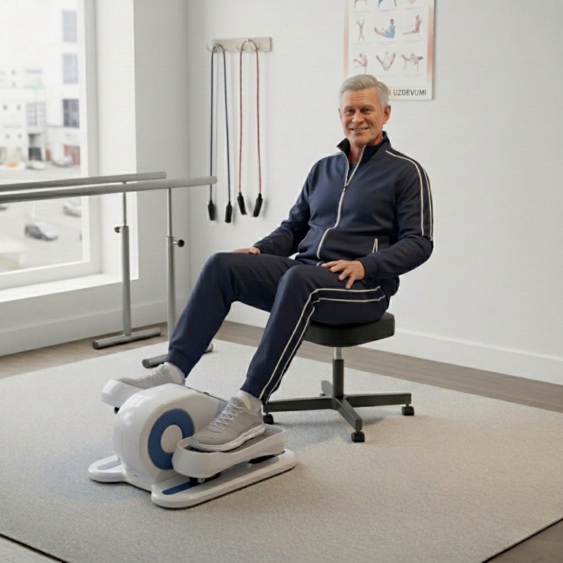 Senior man using a seated mini elliptical trainer for low impact leg exercise in a rehabilitation room.