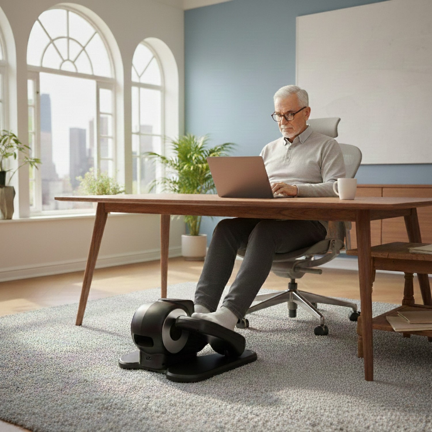 Senior man works at a desk while exercising with a compact, low-impact under-desk elliptical machine, which is ideal for seated exercise at home or the office. This portable foot exerciser is perfect for American seniors to maintain mobility and circulation during sedentary activities.