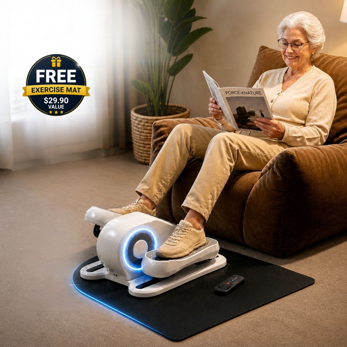 Woman using a home exercise device in a living room with a free exercise mat offer.