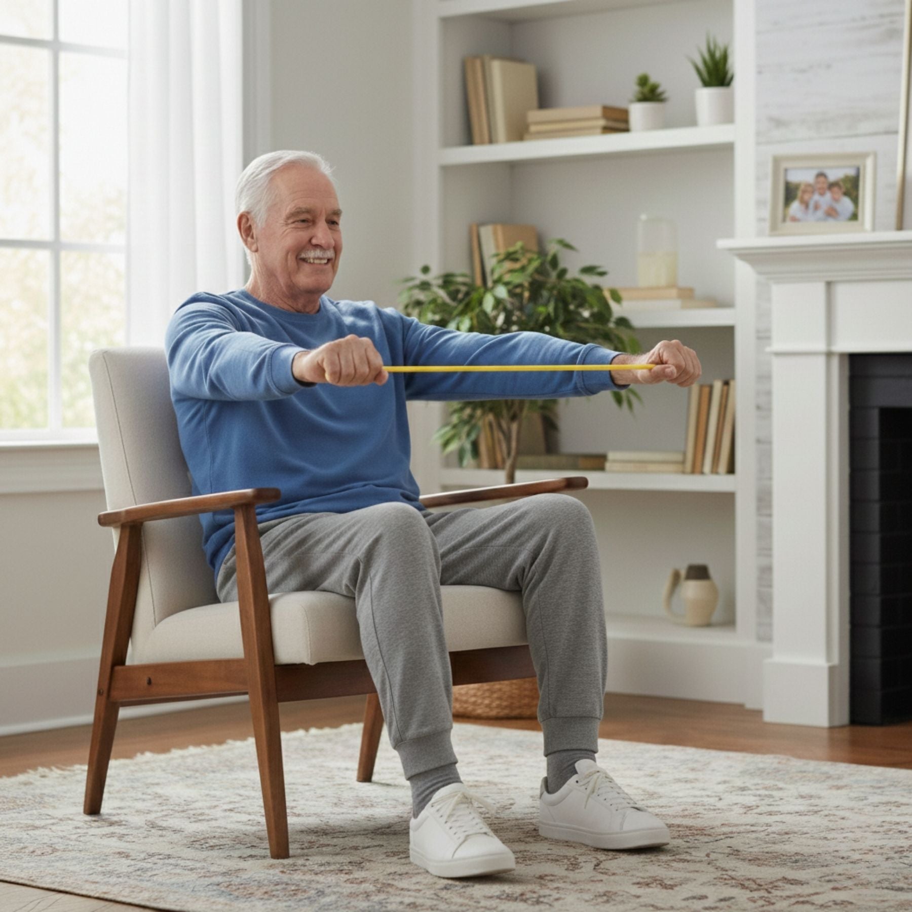 Man exercising with resistance bands in a living room.