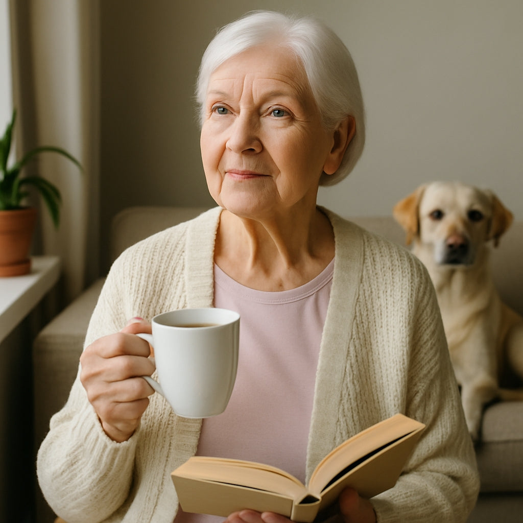 Senior woman holding a cup and book with a dog in the background
