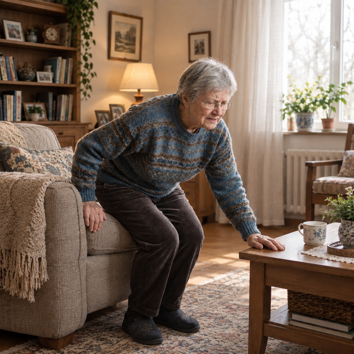 Senior woman standing up from a living room couch, smiling and using mobility exercise equipment at home.