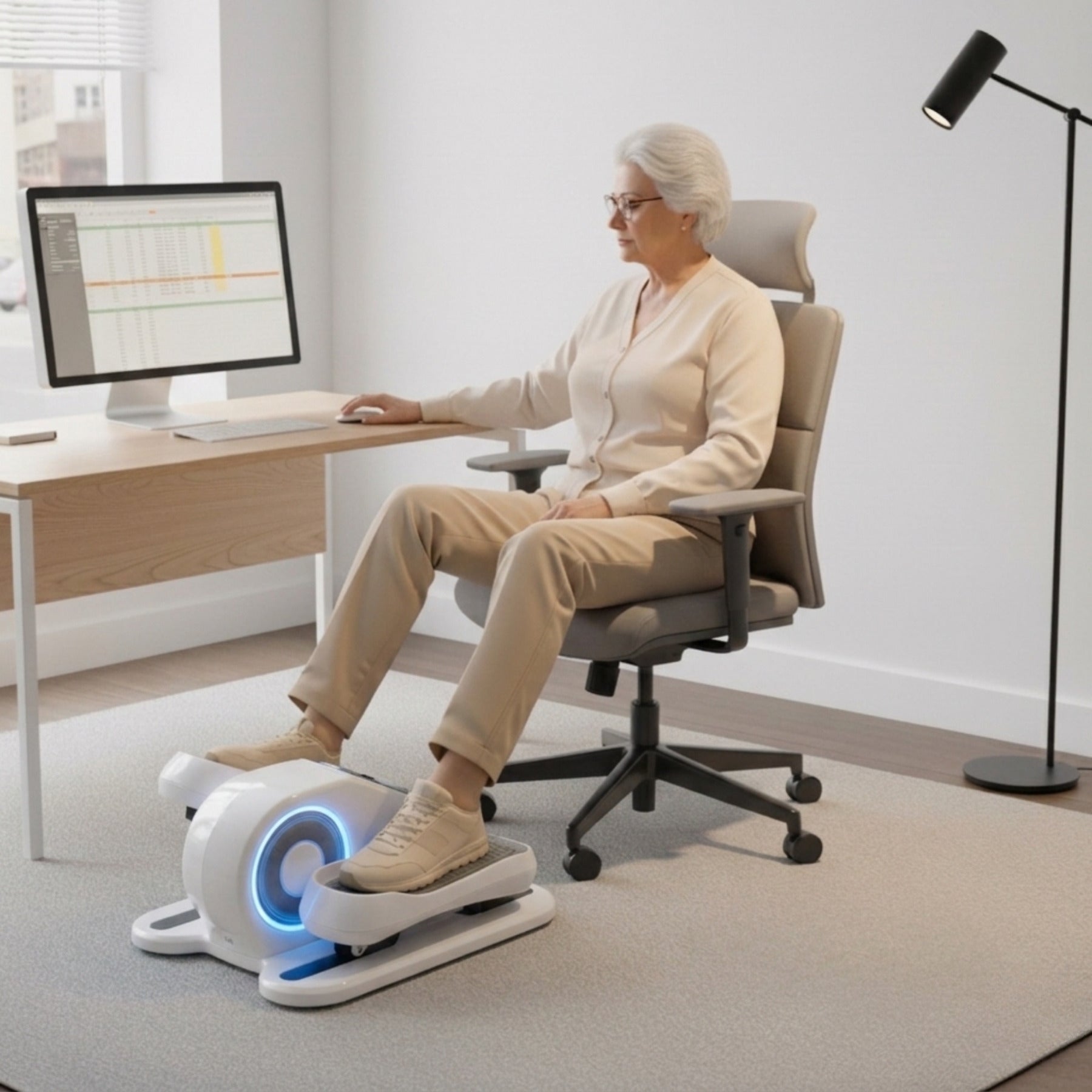 Senior woman using an under desk mini elliptical trainer while working at a computer in a home office.