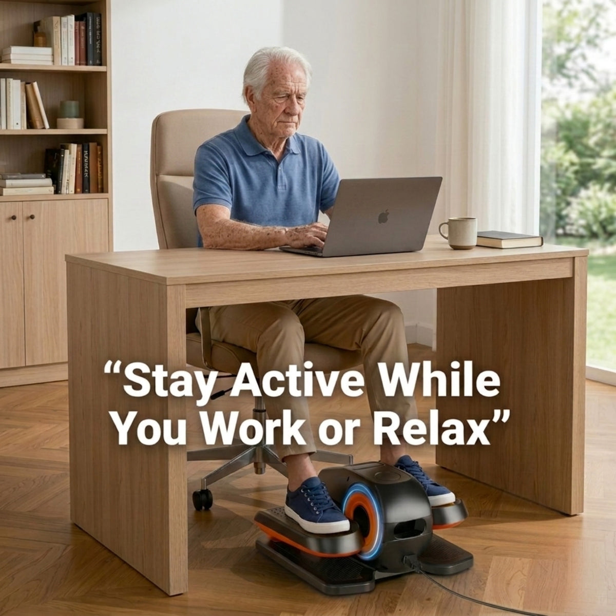 Senior man working on a laptop at a desk with a motorized under-desk elliptical machine underneath, featuring the text Stay Active While You Work or Relax.