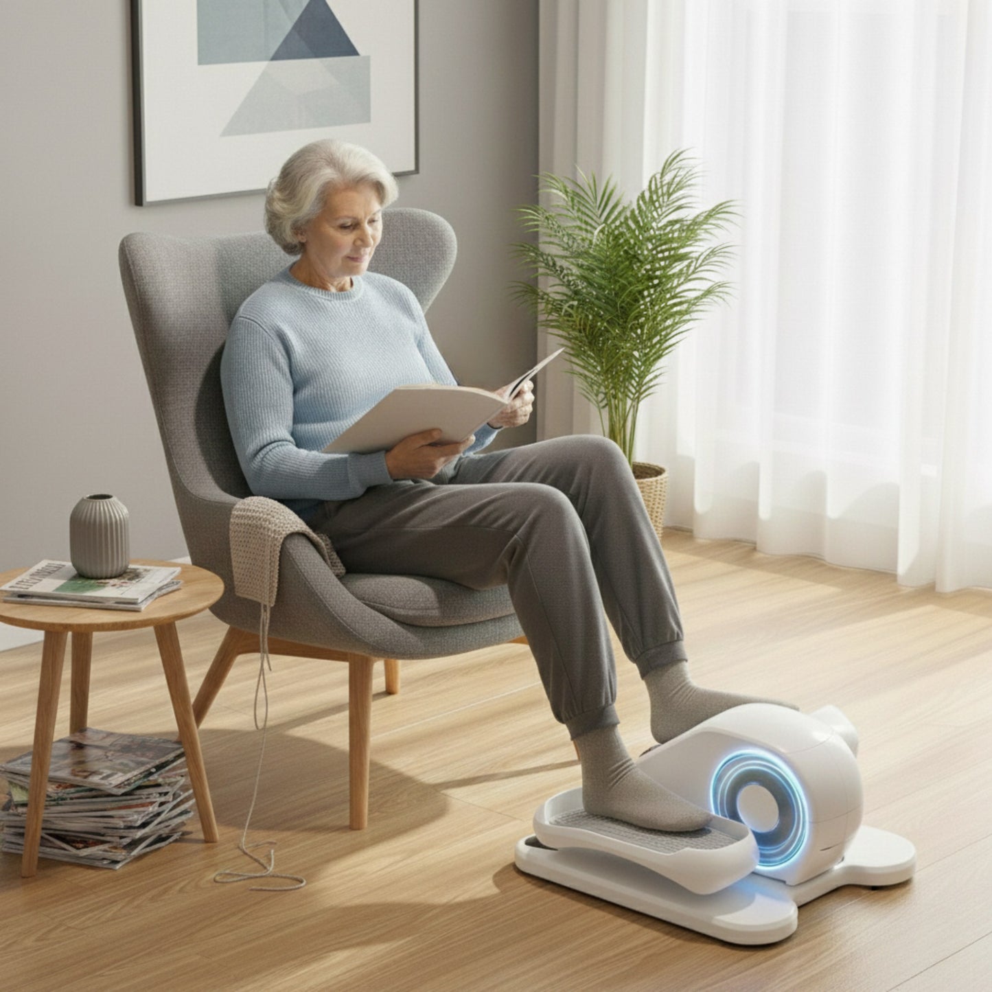 Woman using a home exercise device in a living room